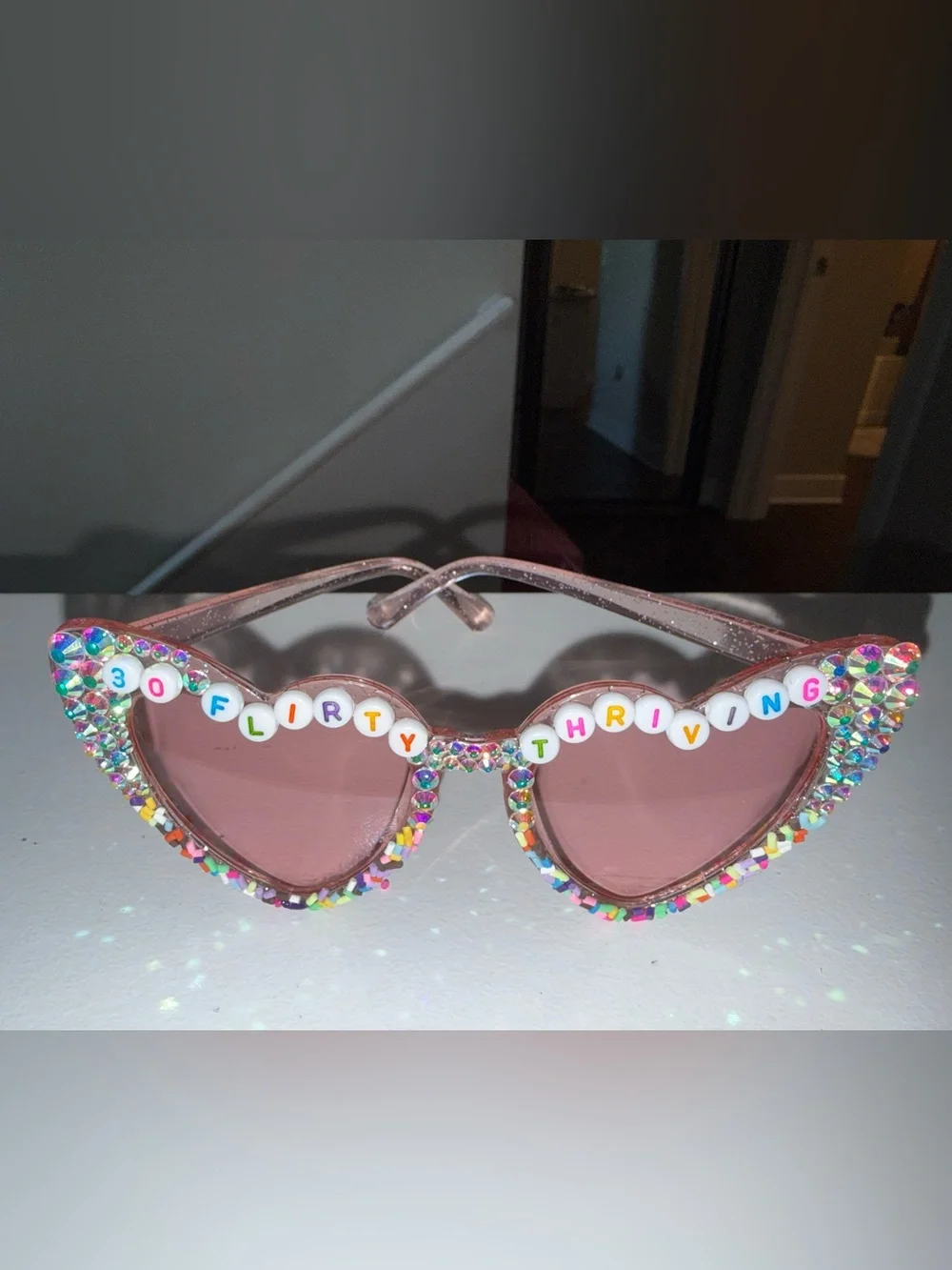 30th Birthday Pink Beaded Heart Sunglasses - '30 Flirty Thriving' Style